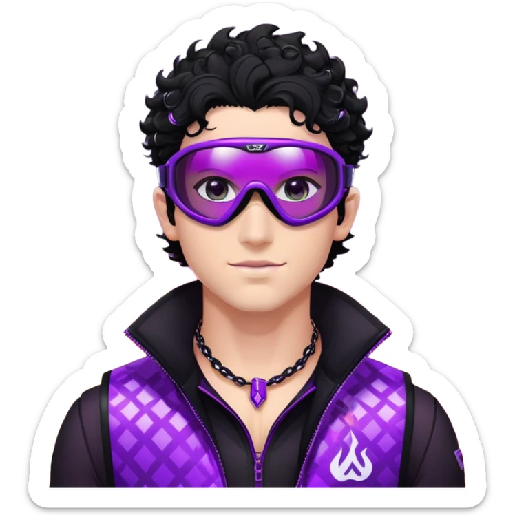 male athlete with white skin and moderately curly black hair on top with shaved sides, wearing ski goggles with purple frames and very dark black lenses, a simple plain black chain necklace, and a completely unzipped shiny vest with purple and black sequin fire pattern design, fully revealing his chest and abs, no earrings sticker