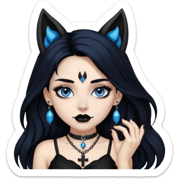 A girl with long black hair and blue eyes, black eyeshadow, black eye liner, mascara, and black lipstick, and black skull earrings. Also a black sexy dress and wolf ears  and a black pendent necklace and a black cross below her right eye sticker