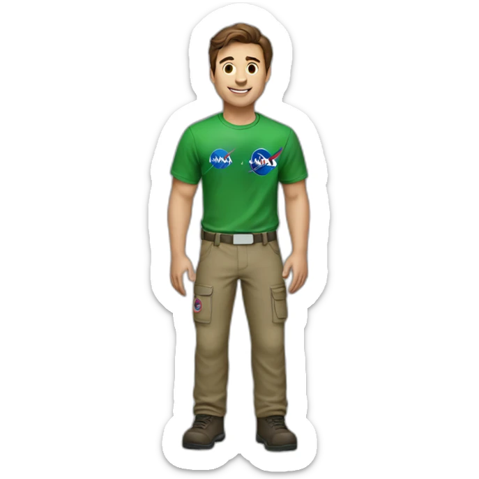 Man with brown hair, green t-shirt with NASA logo and pant brown sticker