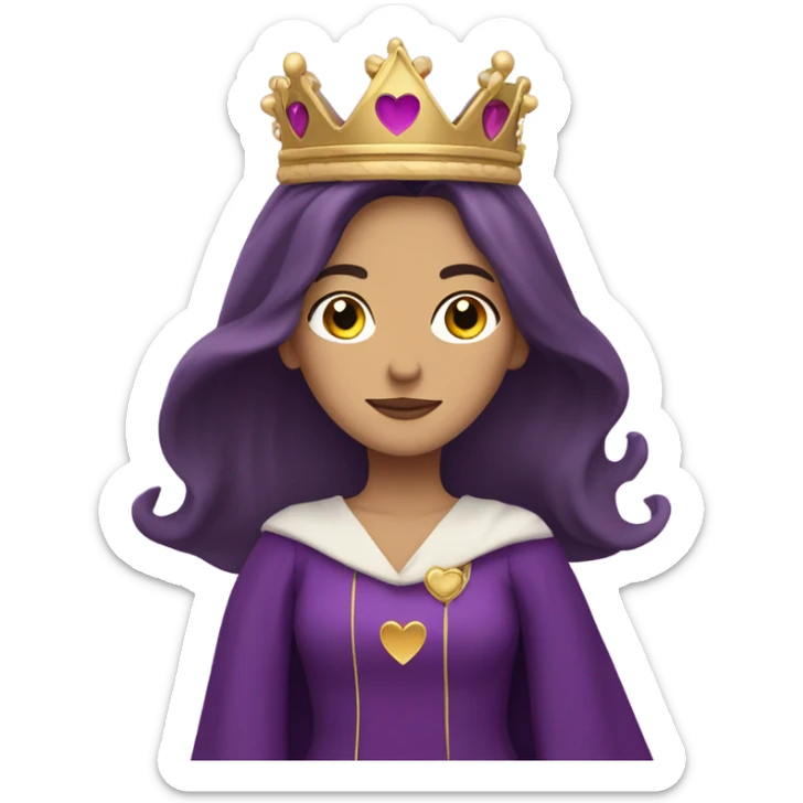 Caucasian long  brunette woman wearing formal royal purple robes and a crown. A burst of hearts are floating around her sticker