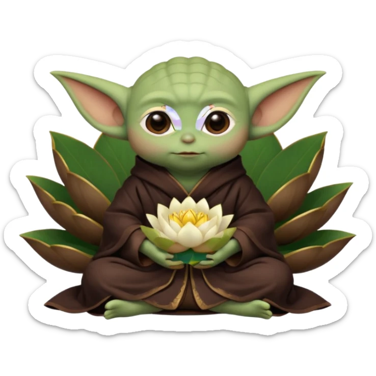 Baby Yoda con su tunica chocolate oscuro sentado dentro de una flor de loto estilo chino sticker