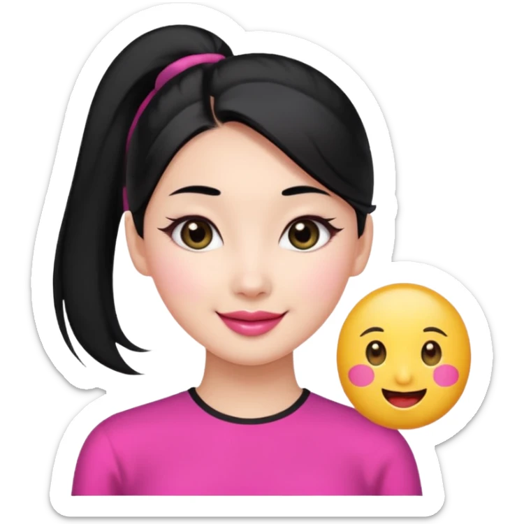 elegant young Chinese woman, black hair in ponytail, white skin, oval face, big black eyes, pink lips, emoji style sticker
