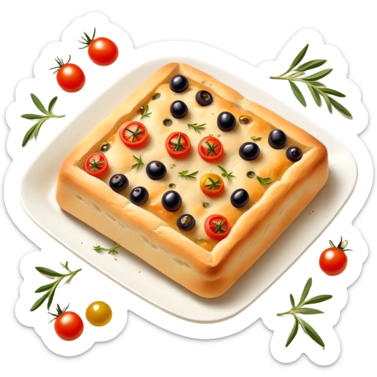 cinematic-realistic-isometric focaccia-bread-dish-emoji,-depicted-as-a-golden,-olive-oil-brushed-flatbread-sprinkled-with-herbs-rendered-with-lifelike-texture-and-soft,-appetizing-lighting showing olives on top and the cherry tomatoes sticker