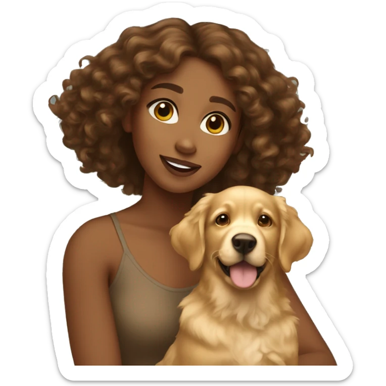 Brown girl with brown curly hair with a golden retriever puppy sticker