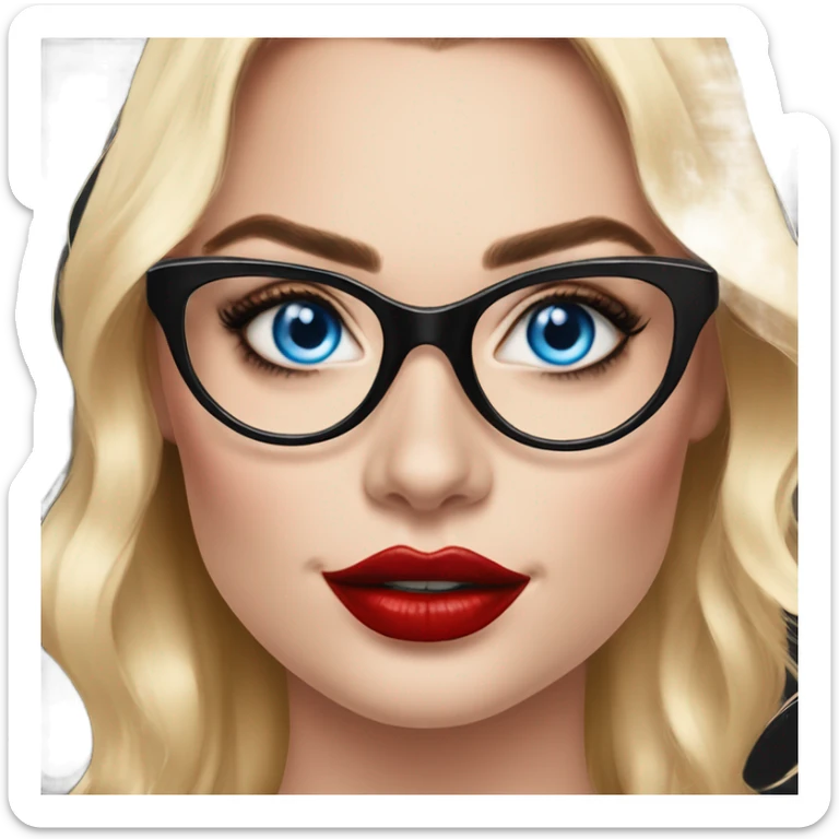  Margot Robbie, bright blue eyes and winged eye liner, red kisses, wearing black glasses  sticker