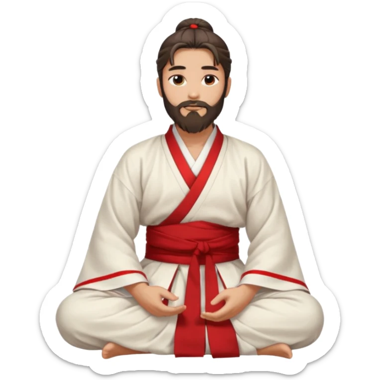 Beautiful man with lightly tan skin and dark long beard, long hair in bun, in white and red Hanfu sitting on the ground sticker