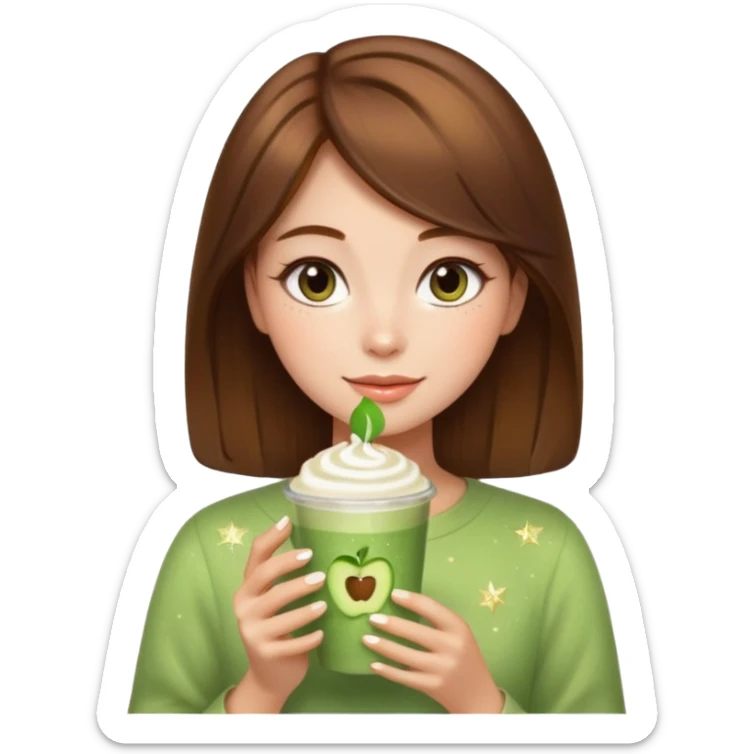 Square profile picture of a cute girl with short brown hair, sparkles, skincare, makeup, and holding a matcha latte. Center the face. Apple emoji style with transparent background. sticker