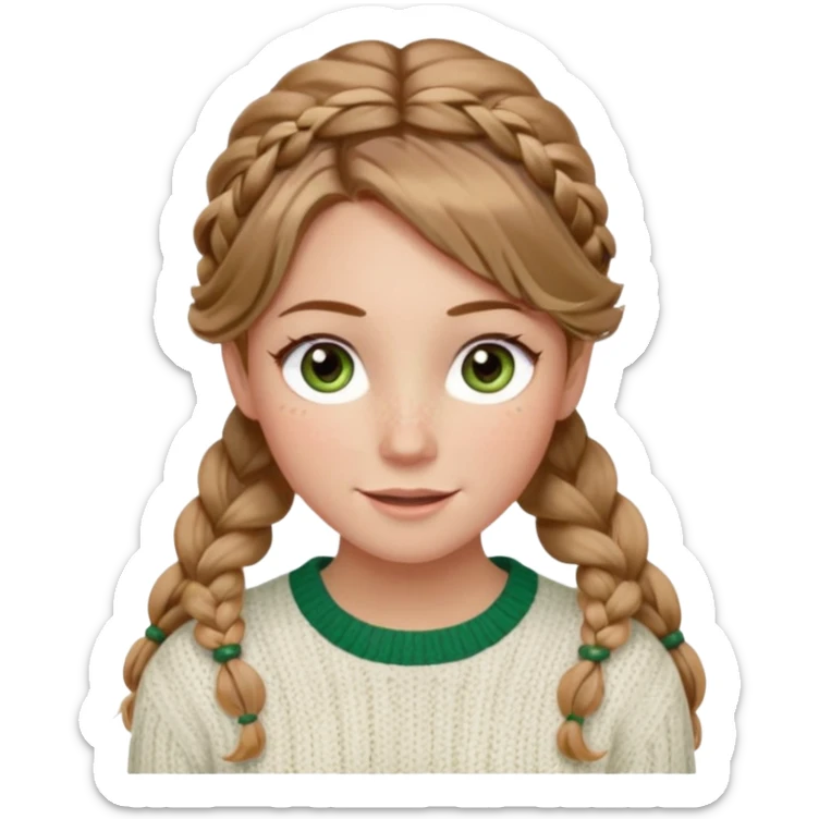 light brown hair blonde hair hazel/green eyes woman with a white cable knit sweater and one braid down her back  with tendrils of hair flowing down her face and she is happy pale, some freckles, blush. she has a cateye wing and long lashes sticker