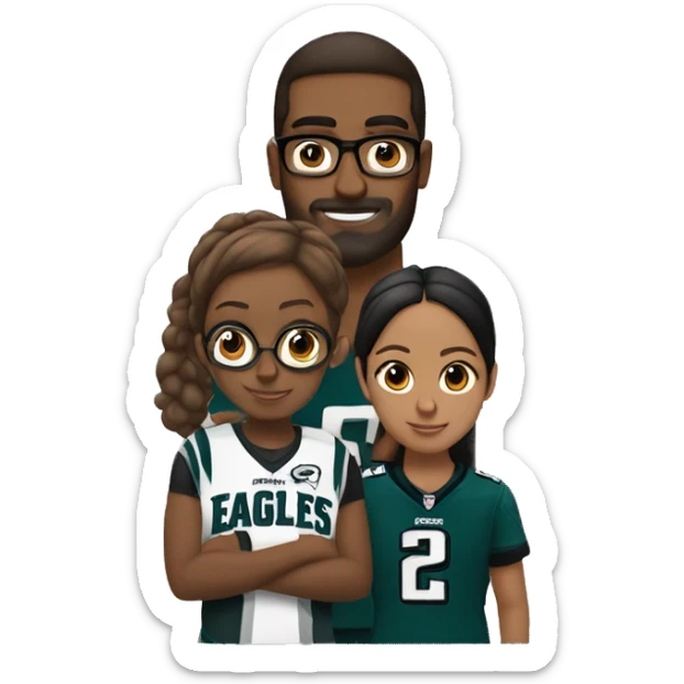 Brown guy with no glasses with a beard and mustache holding a brown girl wearing glasses and hair in a bun wearing Philadelphia eagles clothing sticker