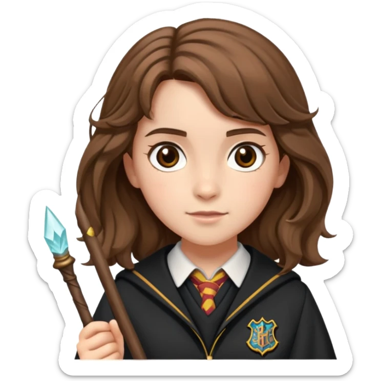 Hermione Granger with bushy brown hair, wand, and Hogwarts uniform sticker