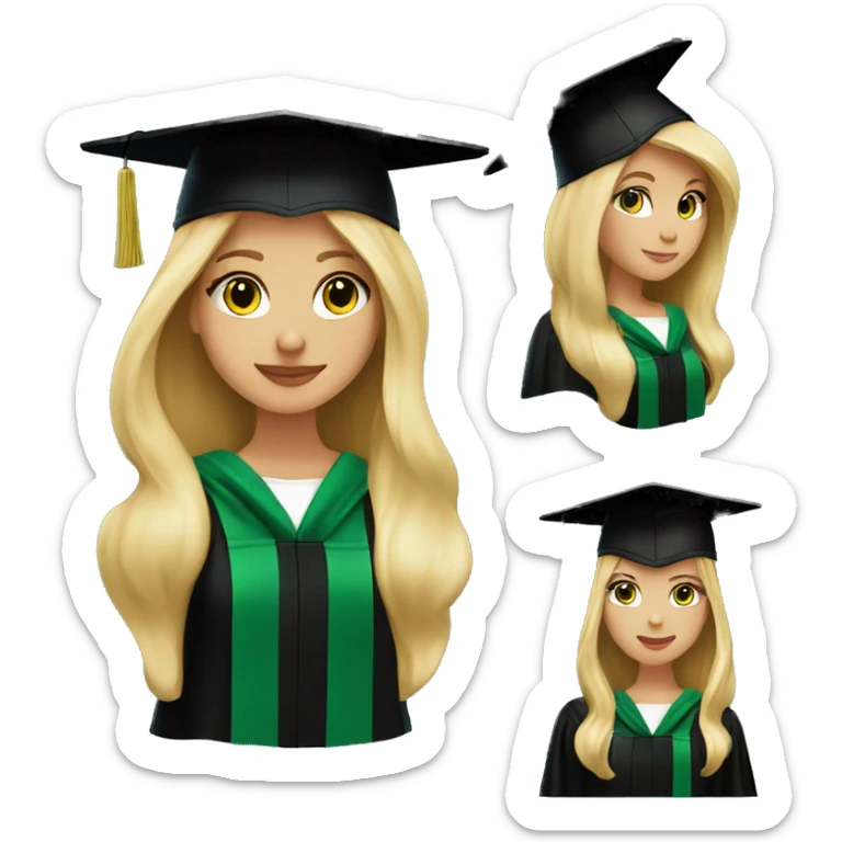 Blonde girl graduating with green accents on black cap and gown sticker
