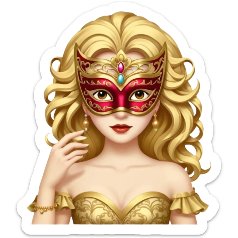 A woman in an ornate gold masquerade mask and elegant outfit, holding the mask delicately. sticker