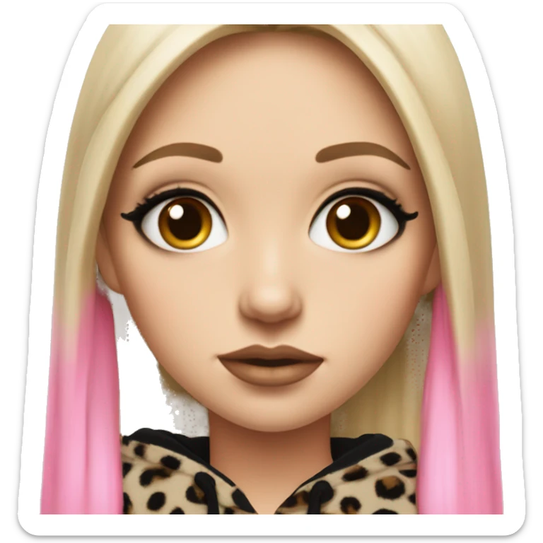 Hyperrealistic white girl with long black hair with a pink fringe and has eye makeup on, she is wearing a black and leopard print hoodie  sticker