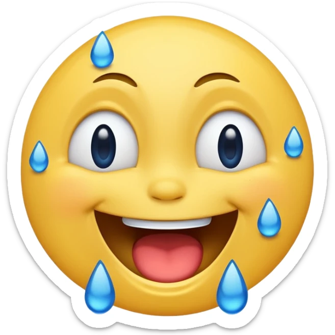 Emoji, yellow round laughing hysterically face, with blue tears of joy on it.  sticker
