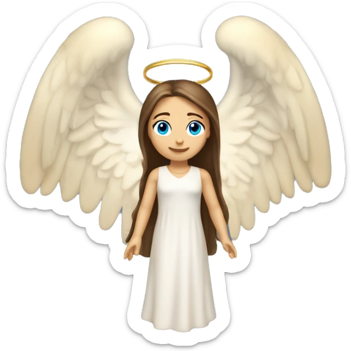 Caucasian brunette angel with long straight hair, dimples, big blue eyes, golden hoop halo over head and two wings on back sticker