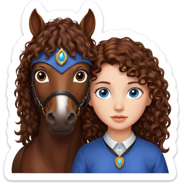 Girl with brown curly hair and blue eyes with an all dark brown horse  sticker