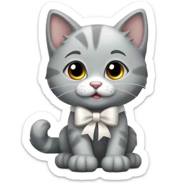 A gray kitten, tied with a white bow that goes and leaves a trail of paws  sticker