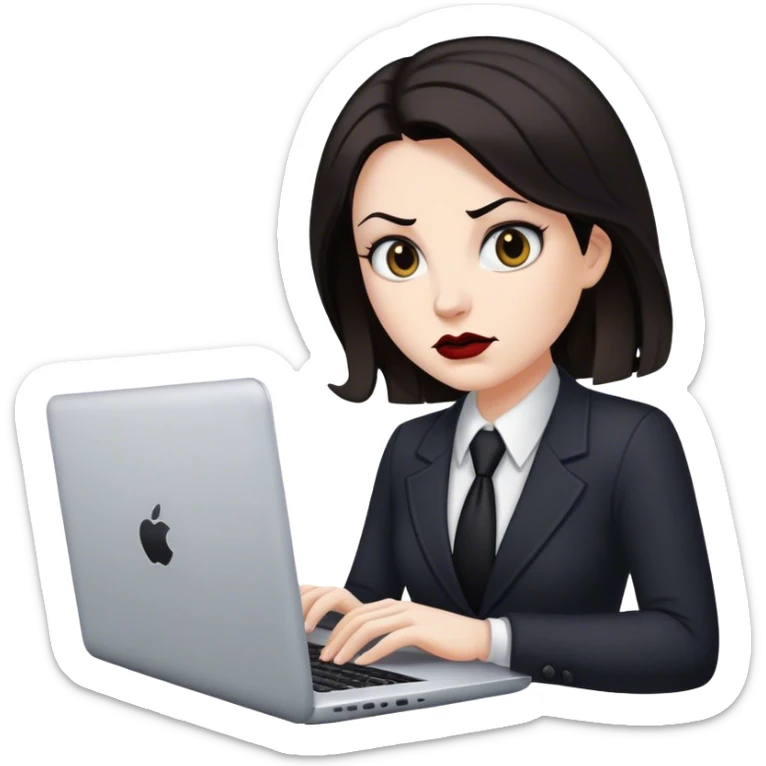 memoji of a white realtor with a laptop in front, ,modern,dark hair, evil sticker