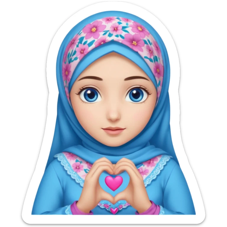 Turkish beautiful finish Konya girl blue eyes with mini floral hijab and lila blue pink dress and she make heart with hands sticker