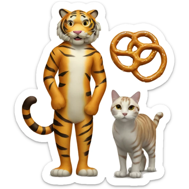 Tiger and Cat made of pretzels walking next to each other sticker