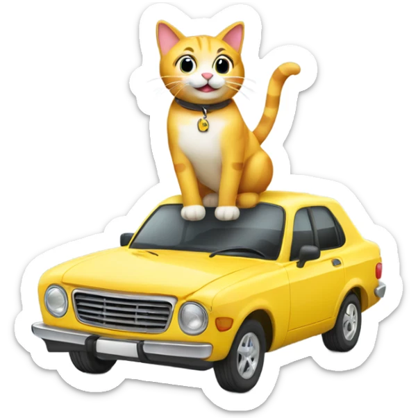 A cartoon emoji-style car with a cat sitting on the open hood, holding a wrench and smiling sticker