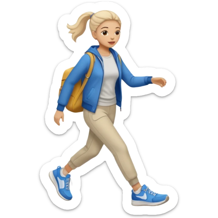 iOS emoji style - a woman in casual clothes and wearing trainers. Walking quickly. 
 sticker
