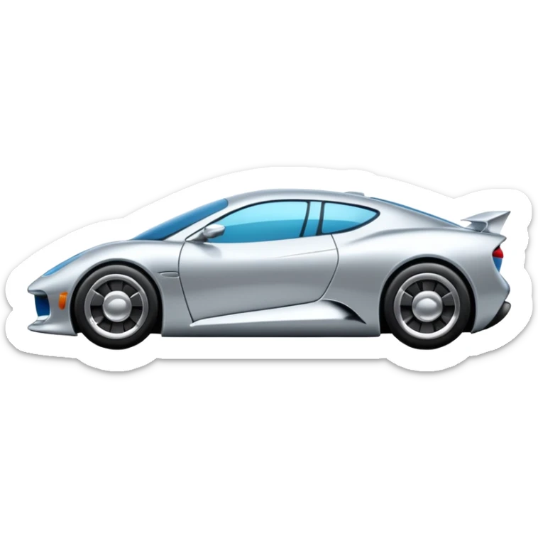 A low-profile futuristic car emoji made of polished silver chrome, wide body stance, smooth aerodynamic shape, glossy metallic surface, soft reflections, luxury swag aesthetic, minimal details, iOS emoji style, centered on clean white background, studio lighting sticker