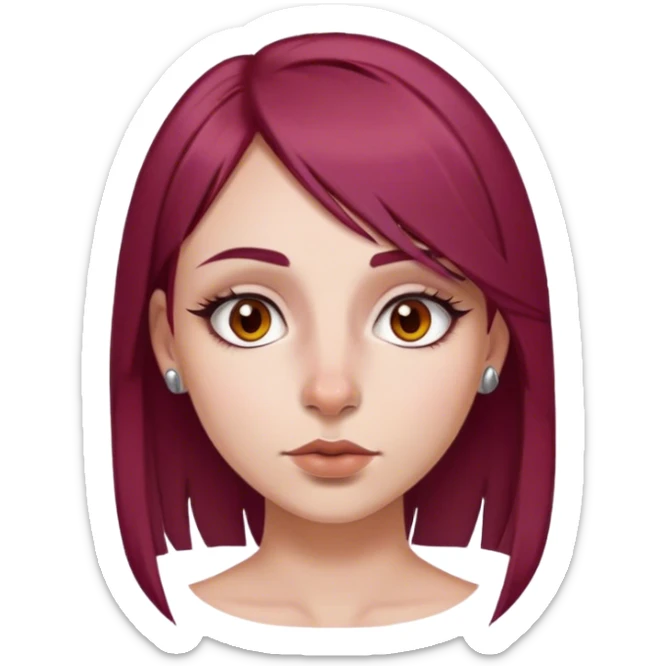 emoji of girl with maroon  hair straight nose hazel eyes medium perfect eye brows with  a nose ring silver on the right nostril  sticker