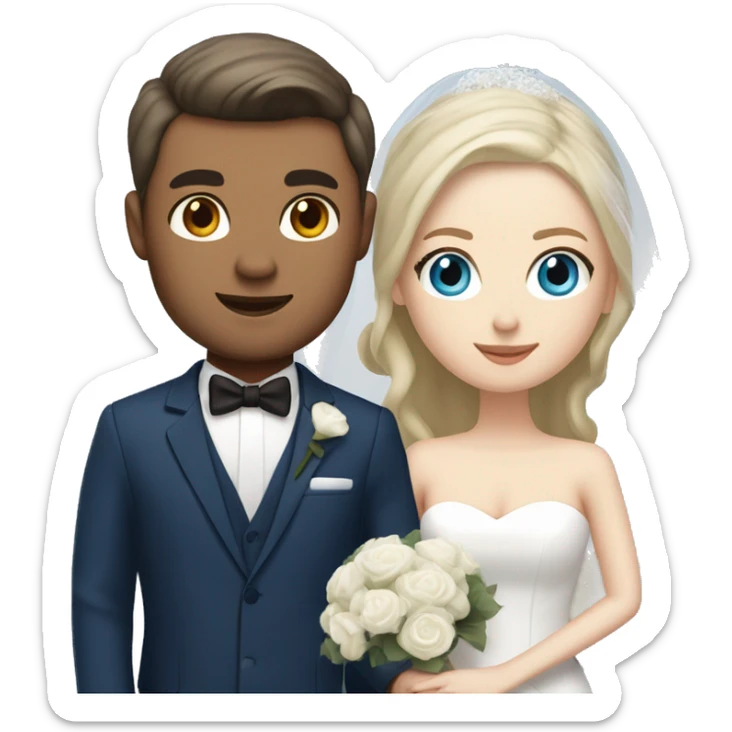 Wedding couple, groom white skin with dark brown hair and dark brown eyes, bride with white skin blonde hair up and blue eyes and veil and dark blue suit sticker
