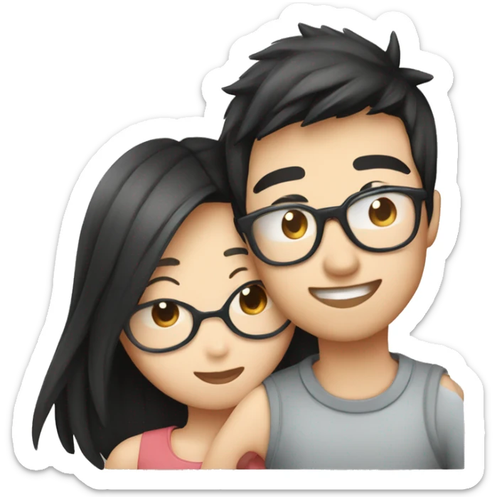 Boyfriend Asian with glasses and girlfriend Asian kissing, sticker