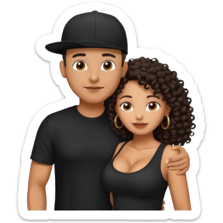 A picture of an embracing tanned couple. the man is a Mexican man with tanned skin, with a bald hair cut wearing a SnapBack hat and a black shirt. the woman has curly longer dark brown hair, thick and with big boobs   sticker
