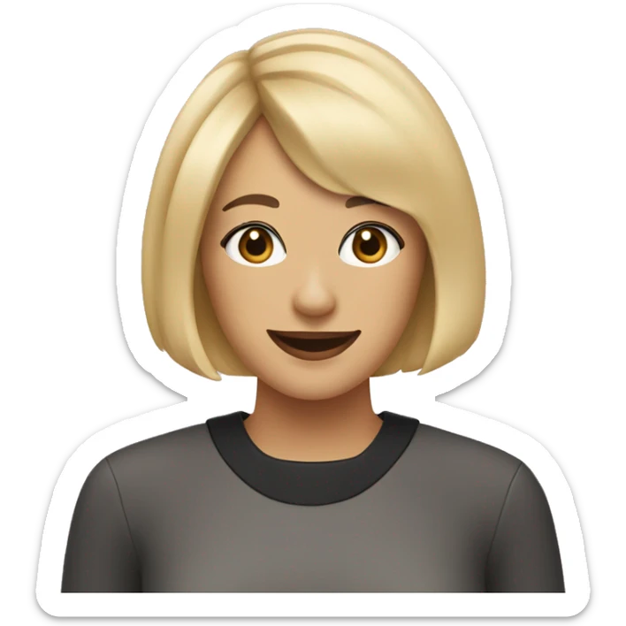 Smiling woman with a blonde bob haircut and bangs with a black curly haired dog with a white chin sticker