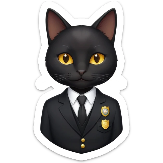 A black cat in a black suit and a badge with the inscription "PrimeCopy" sticker