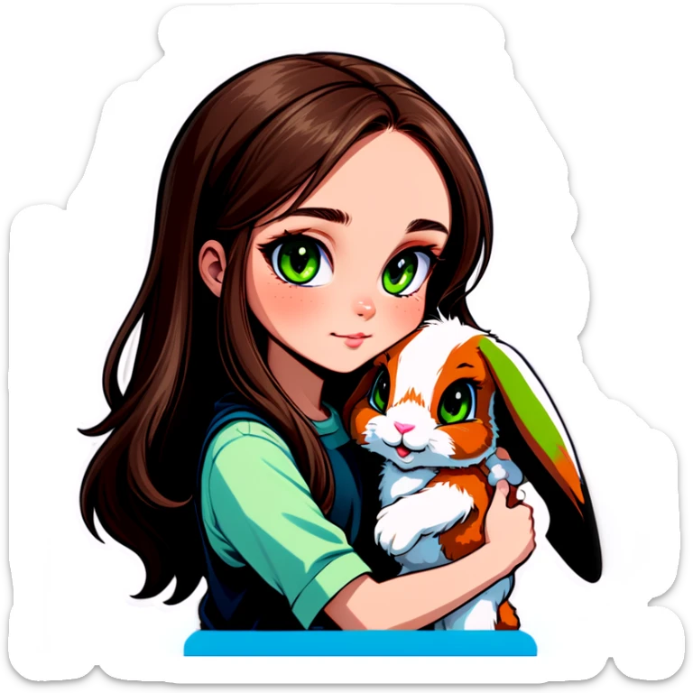 Long brown haired, green eyed girl holding a bunny. The bunny has floppy ears. The bunny has dark grey fur. sticker
