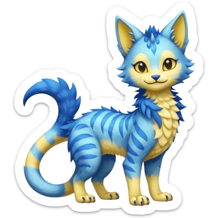 Kawaii yellow and blue beautiful pretty elegant divine edgy fantasy feline-vernid-sergal-fursona animal creature with a tufted tail full body with intricate markings  sticker