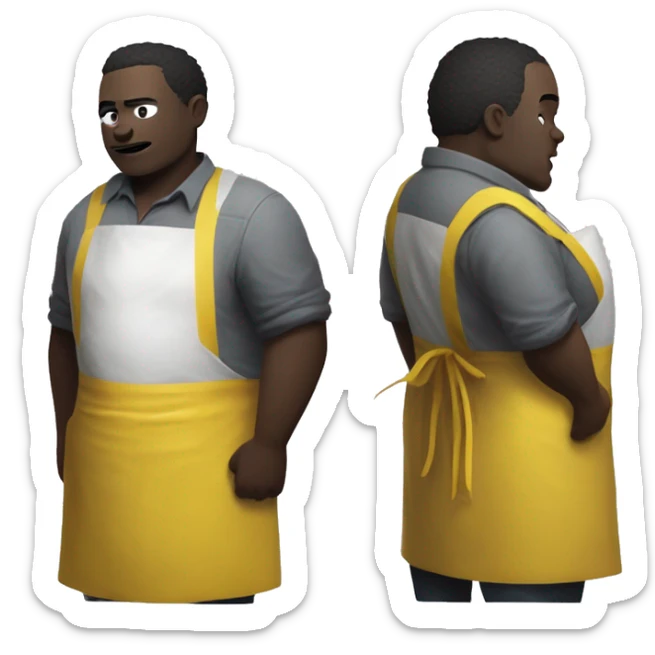 Dead by daylight cannibale beside a chest waiting with His chainsaw in His yellow Rubber apron , white skin and a Grey Shirt under the apron, without hat and He is fat sticker
