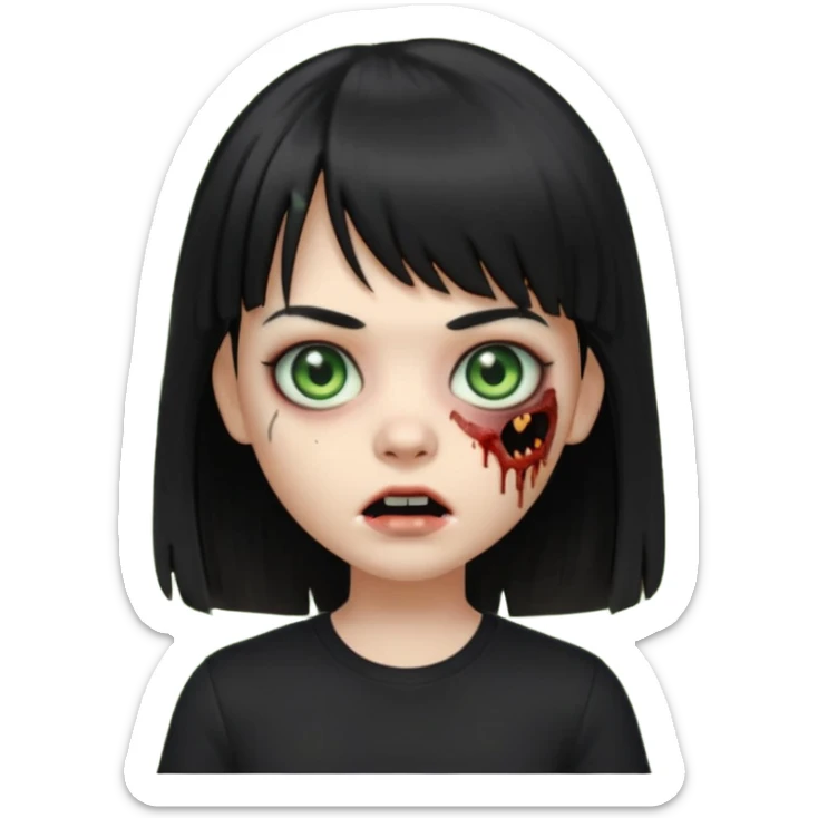 uma garota zumbi no formato Memoji da apple com o cabelo cumprido, preto liso e com franja, blusa preta sticker