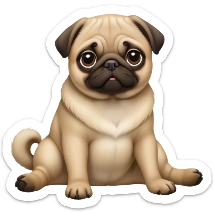detailed-[pug]-realistic-full-body-sitting-emoji,-tail-resting-loosely-beside-its-paws,-head-tilted-dramatically, -sleek-[fawn]-fur,-simplified-yet-realistic-focused-features,-highly-detailed,-glowing-with-an-almost-sarcastic-glow sticker
