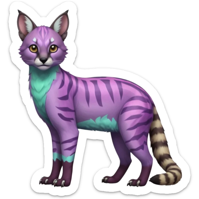 Realistic Colorful pale minty lilac onyx fruity glorious exotic neon vibrant zigzagged fantasy-caracal-civet-genet-sergal-vernid-Gryphon-Cacomistle-Trico-oncilla-animal-Fakémon-hybrid-fursona (full body), facial markings, (realism style) sticker