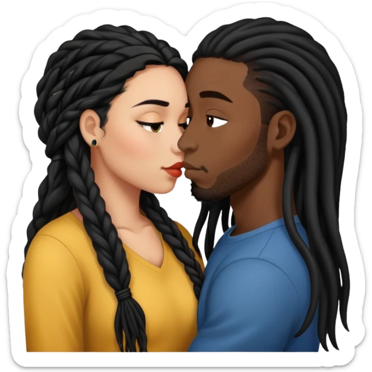 Latina Woman with long hair kissing a young black guy with dreads no beard sticker