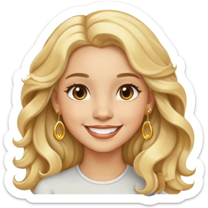 Girl showing happiness, light skin, long wavy blonde hair, gold earrings sticker