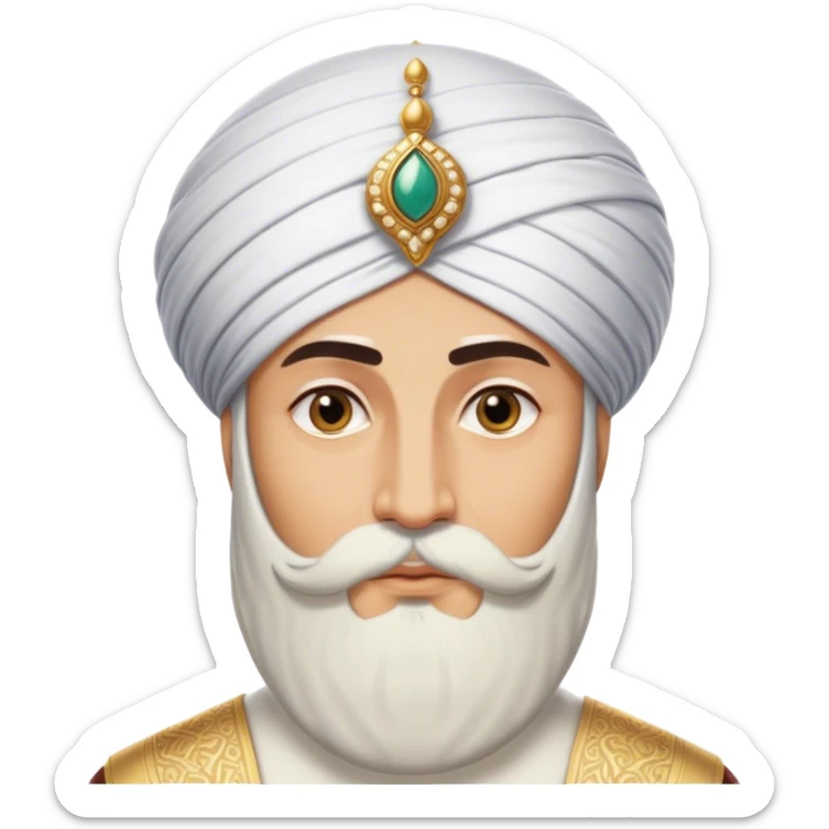 ​Cinematic Realistic Portrait of Suleiman the Magnificent, depicted as a regal Ottoman sultan adorned with a large, white, round, tall turban and a majesti beard, his commanding gaze bathed in warm, historic lighting that exudes timeless authority and grandeur, sticker