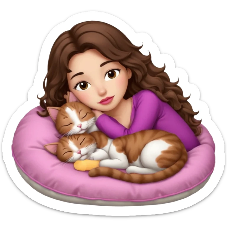 girl with long wavy brown hair, brown eyes, long lashes makeup, sexy pink lips, light to medium complexion,  sleeping on a cozy pillow, with 6 cats, sleeping sticker