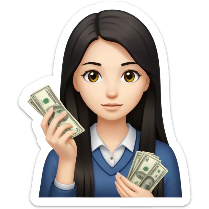 a dark long straight hair young women is counting money on her her hand sticker