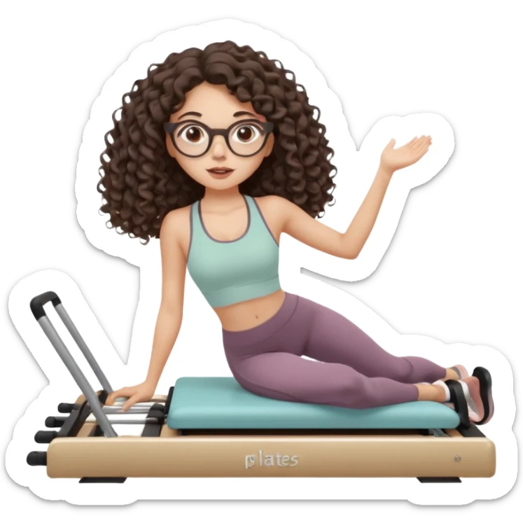 Memoji-style girl with long dark brown curly hair, round glasses, large brown eyes, soft rounded face,makeup, warm beige skin tone, wearing Pilates activewear performing Pilates and reformer Pilates exercises on a reformer machine, pastel color palette, smooth soft shading sticker