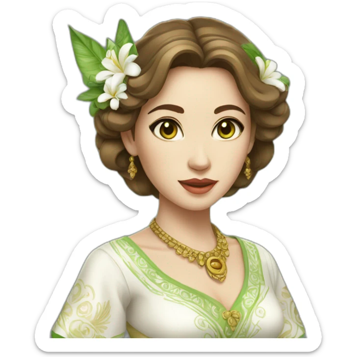 woman in traditional white balinese dress, but white skin and green eyes, brown hair sticker