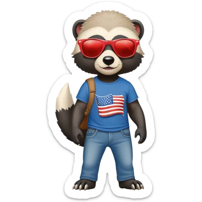 friendly anthropomorphised honey badger in jeans and a t-shirt, wearing sunglasses, dressed for USA Independence Day with red, white, and blue clothing sticker