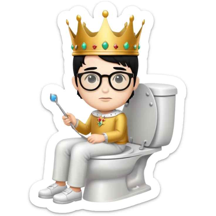 King with crown sitting on a toilet, wearing round glasses and black hair sticker