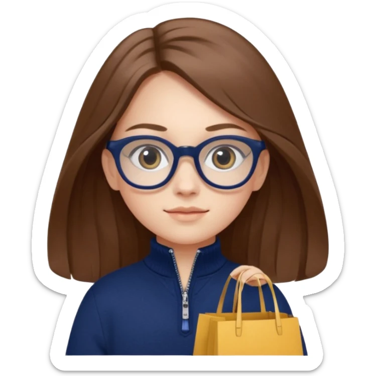 A little girl (he usually calls her baby), who is obsessed with shopping and luxury brands and holds a dozen of bags, she wears navy blue half zip sweater and holds 10 bags and she has long brown hair with Prada eyeglasses  sticker
