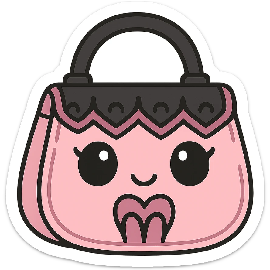 pink and black gothic purse, kawaii style, big eyes, smiling, cartoonish, playful sticker